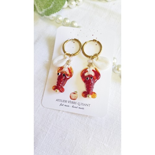 Créoles en acier inoxydable avec homard en verre