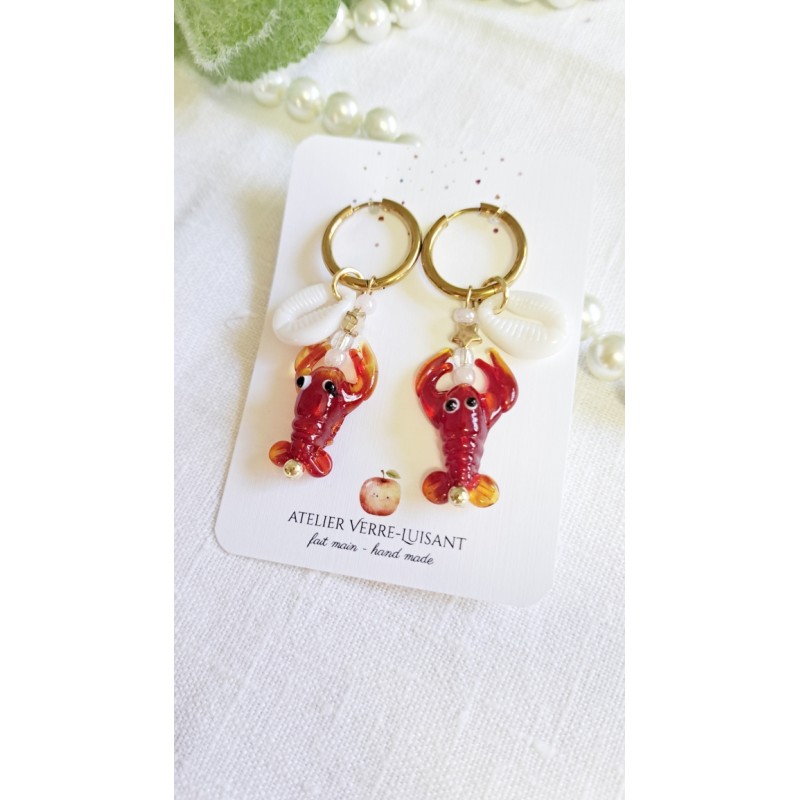 Créoles en acier inoxydable avec homard en verre