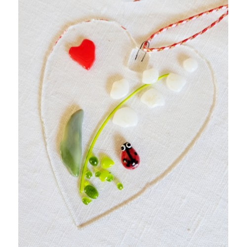 Coeur en verre fusionné, muguet du premier mai et coccinnelle porte bonheur !