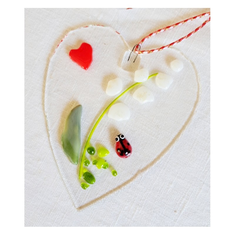 Coeur en verre fusionné, muguet du premier mai et coccinnelle porte bonheur !