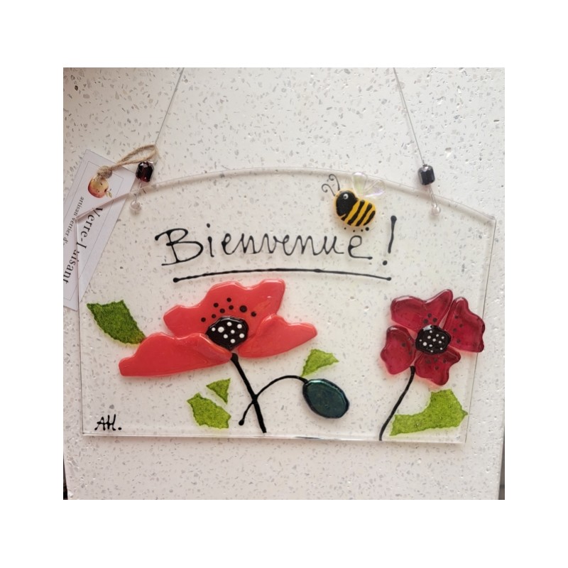 Plaque de maison "Bienvenue' coquelicots et bourdon en verre à suspendre